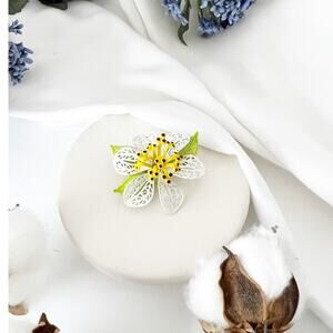 Vintage‎ 1960s Enamel Floral Pin, Green Yellow Burst Daisy, Metal Brooch